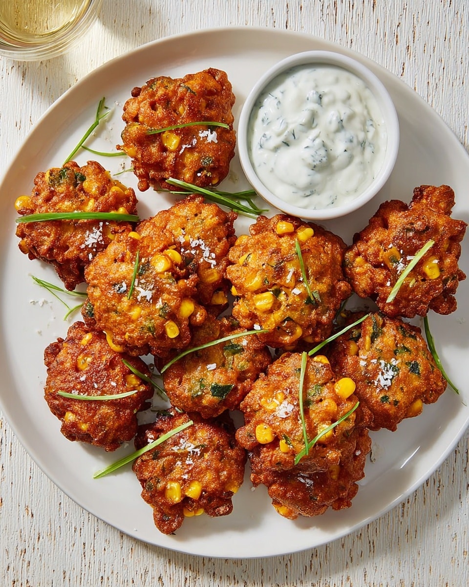 A white plate is filled with small, round, crispy corn fritters that have a golden brown color with bits of green herbs and corn kernels visible throughout. Thin strips of fresh green onions are scattered on top of and around the fritters. At the top edge of the plate, there is a small white bowl with a light green herb dip. The plate is placed on a light wooden surface with a folded yellow cloth and a wooden spoon to the top right. The scene is bright and inviting. photo taken with an iphone --ar 4:5 --v 7