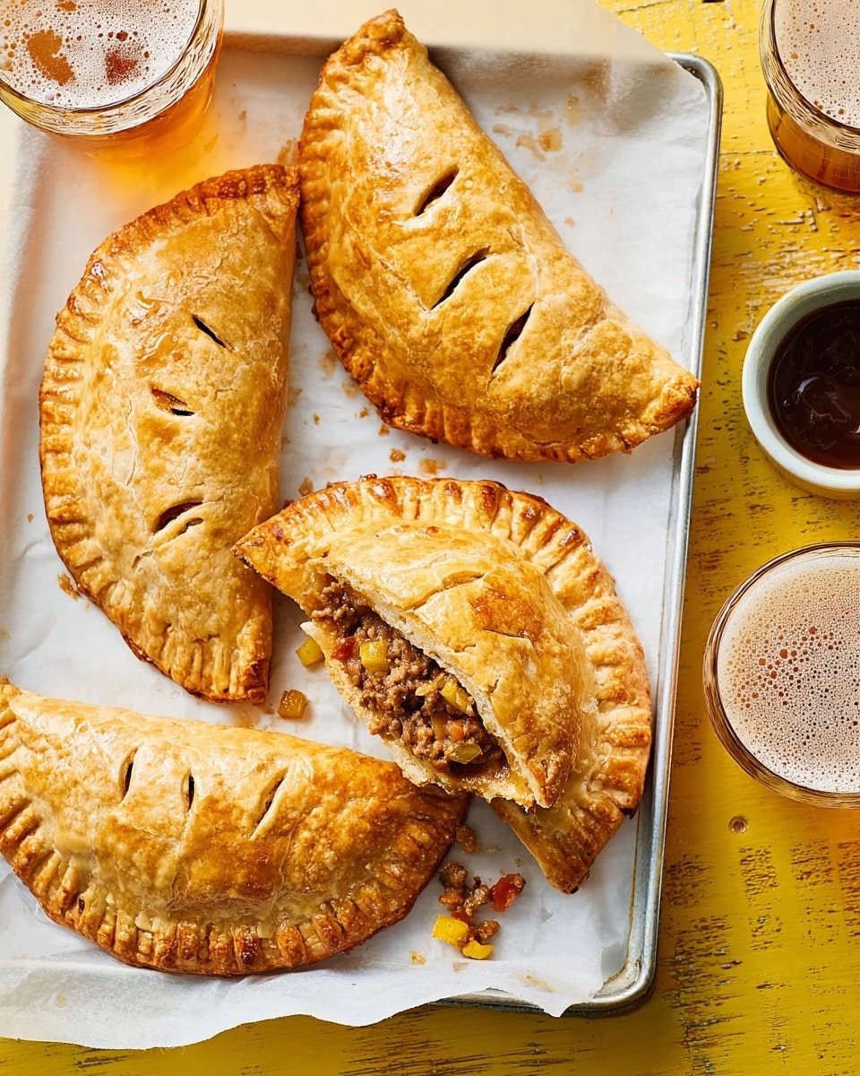 The image shows five golden-brown baked empanadas with a flaky crust, arranged in a wooden tray lined with white paper. Four empanadas are whole while one at the bottom is broken open, revealing a rich filling of browned meat and vegetables with warm, reddish tones. Each empanada has fork-pressed edges and small slits on top for steam to escape. The tray sits on a white marbled surface, with a glass of light brown frothy drink on the upper left and another on the right side near a white bowl filled with dark chunky sauce. Photo taken with an iphone --ar 4:5 --v 7