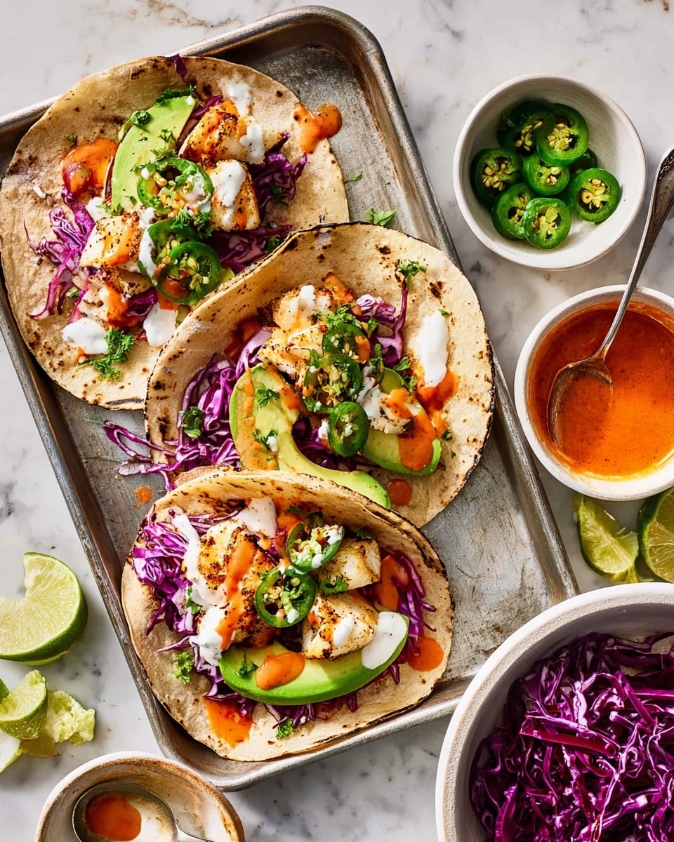Three soft tortillas are placed on a white marbled surface, each folded and filled with layers. The bottom layer in each tortilla consists of purple shredded cabbage, followed by white pieces of grilled fish, and thin green avocado slices. On top of these are small pieces of grilled chicken with light brown grill marks, dollops of white cream sauce, and some bright green cilantro leaves scattered across. There are two small white bowls on the side, one filled with sliced green jalapeños and the other with red sauce. A white spoon with red sauce rests beside the bowls. A few lime wedges are placed on the tray near the tortillas. Photo taken with an iphone --ar 4:5 --v 7