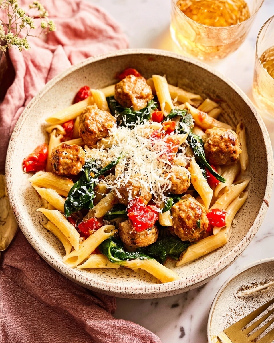 A white bowl filled with three main layers can be seen. The bottom layer consists of yellowish penne pasta, slightly shiny with a soft texture. On top, there are browned meatballs, scattered unevenly, along with bright red tomato chunks and wilted dark green spinach leaves. The top layer is a generous heap of finely grated white cheese sprinkled with a touch of black pepper. The bowl is placed on a white marbled surface next to a beige cloth napkin and a glass of light yellow drink. Photo taken with an iphone --ar 4:5 --v 7