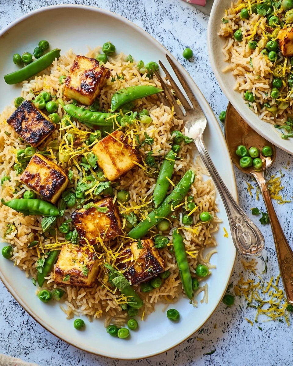 A white oval plate filled with a dish of golden-brown fried rice topped with bright green peas and snap peas, scattered with small cubes of browned paneer cheese. Thin yellow strands, possibly zest or fried noodles, add texture on top, with some fresh cilantro leaves sprinkled throughout. A copper fork and spoon rest on the right side of the plate, one cube of paneer held by the spoon. In the background, there is a second white plate with the same dish. The setting has a white marbled surface beneath, enhancing the colors of the food. Photo taken with an iphone --ar 4:5 --v 7