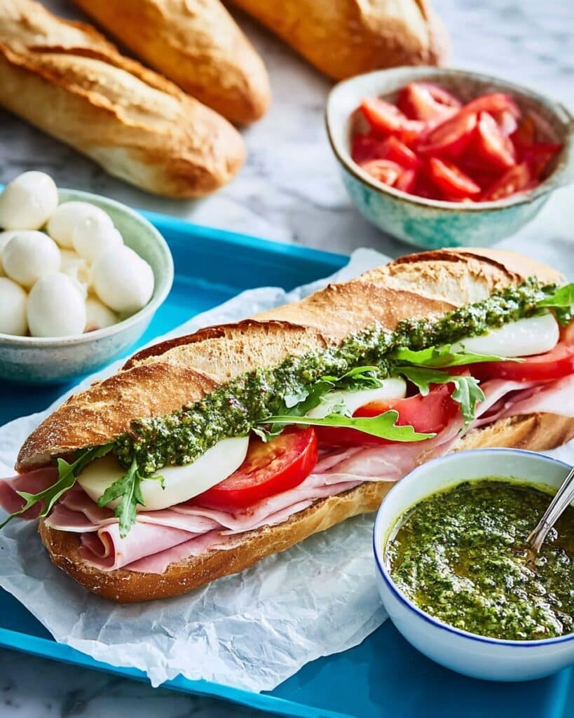 Panuozzo Sandwich with Pesto, Ham, Mozzarella, and Tomato Recipe