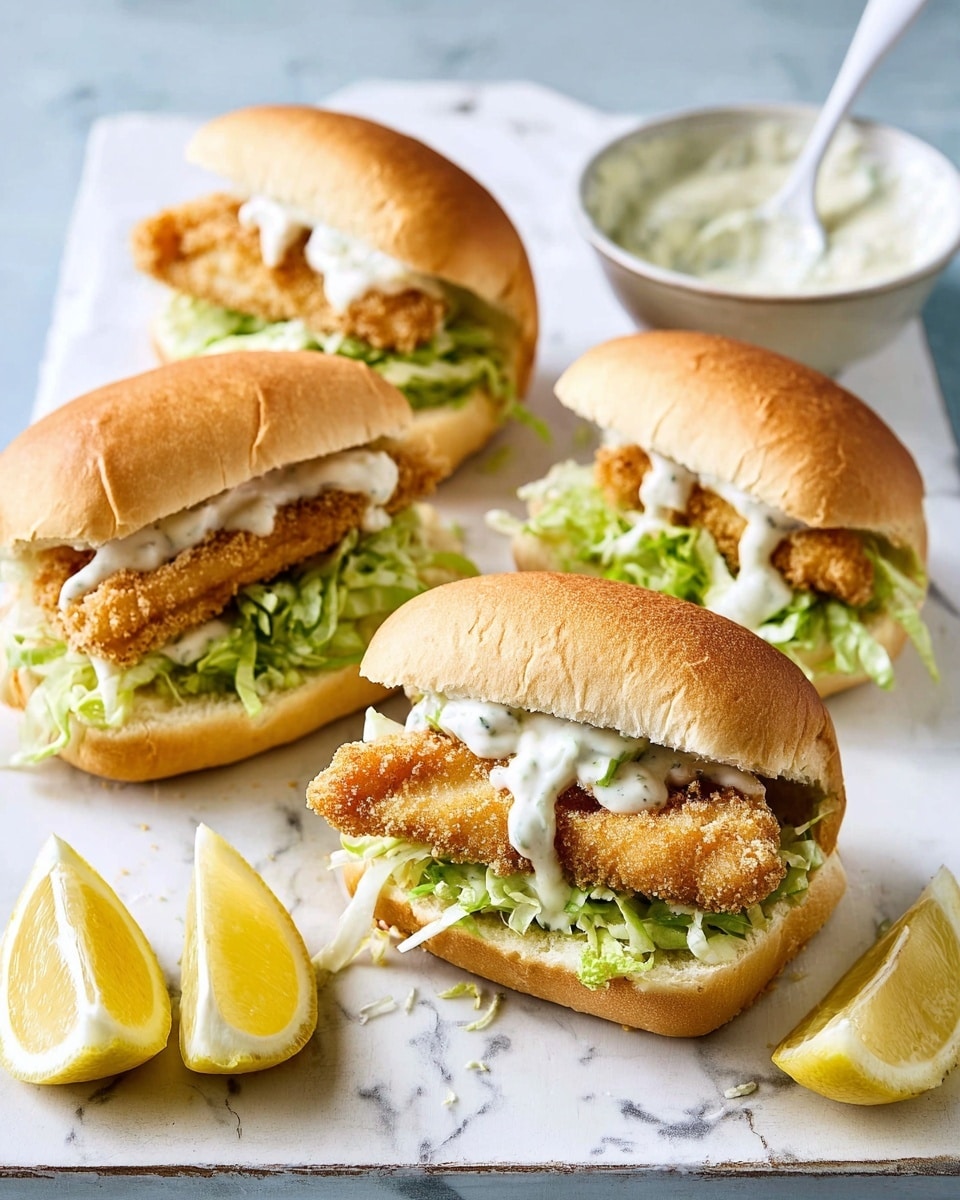 Three crispy fried fish sandwiches sit on a white marbled textured surface, each layered with a soft, golden-brown bun split open to reveal fresh green lettuce and shredded cabbage underneath a thick, crunchy, golden fish fillet. White creamy tartar sauce is spread lightly on the lettuce and drizzled over the fish, adding a smooth texture. Around the sandwiches, there are bright yellow lemon wedges arranged casually, and a white bowl filled with tartar sauce sits at the top left of the scene with a spoon resting inside. The whole image is bright with natural light, highlighting the golden crispiness of the fish and fresh greens. photo taken with an iphone --ar 4:5 --v 7