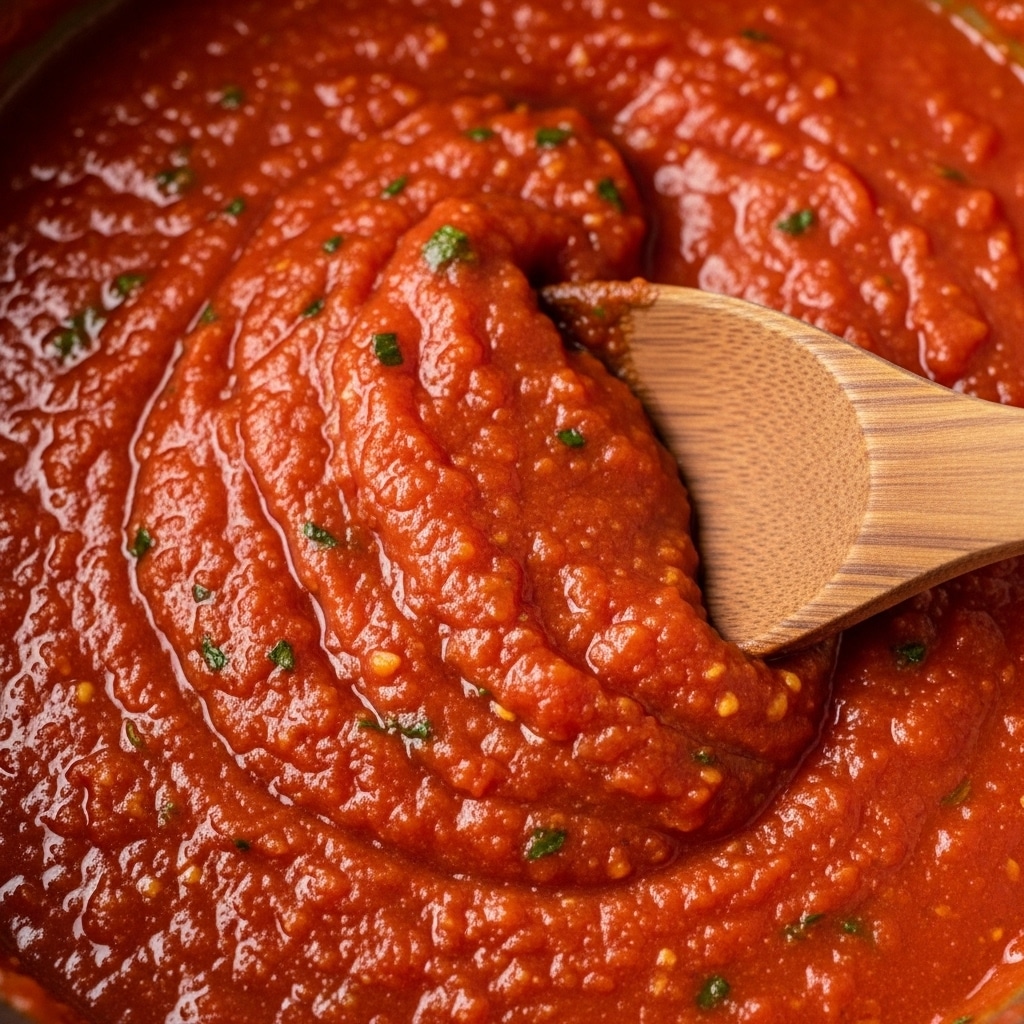 A close-up of bright red tomato sauce with a thick, slightly chunky texture and small bits of herbs visible throughout, being stirred by a wooden spoon that is partially submerged in the sauce, all set against a white marbled background. photo taken with an iphone --ar 4:5 --v 7