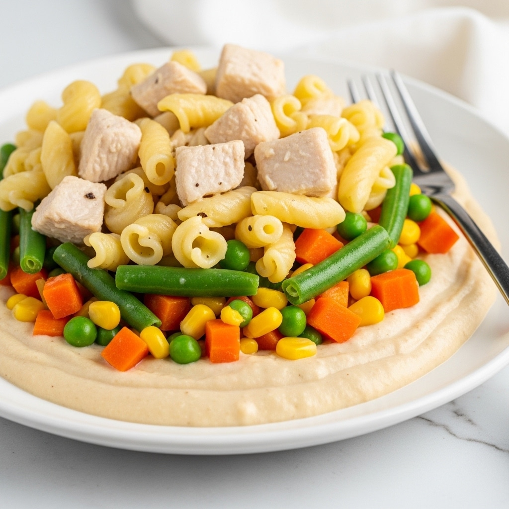 A white plate filled with short, curly pasta mixed with small chunks of cooked chicken and colorful vegetables including green beans, peas, diced carrots, and corn, all coated in a creamy, light beige sauce with visible black pepper specks. A metal fork rests on the edge of the plate, angled slightly inward. The plate sits on a white marbled surface with a soft cloth partially visible in the background. Photo taken with an iphone --ar 4:5 --v 7