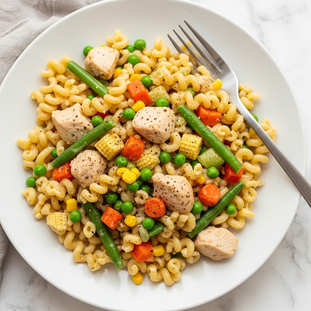 A close-up of a white plate filled with three layers of food; the bottom layer is a bed of creamy sauce, light beige in color and smooth in texture. On top of this sauce is a mixture of small green beans, diced orange carrots, yellow corn kernels, and green peas, creating a colorful vegetable layer. The top layer consists of short, spiral-shaped pasta pieces in pale yellow, mixed evenly with chunks of cooked chicken, all coated in the creamy sauce. A silver fork is placed on the edge of the plate, resting partly on the food. The plate sits on a white marbled surface with a soft white napkin partially visible in the upper right corner. photo taken with an iphone --ar 4:5 --v 7