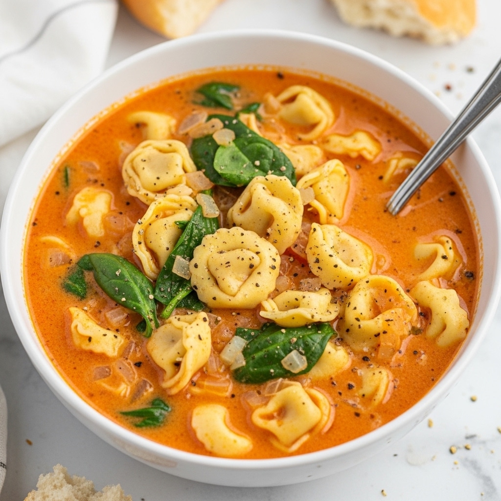 A white bowl filled with thick orange soup containing soft, folded pieces of tortellini pasta scattered throughout. Dark green spinach leaves are mixed inside, adding contrast. Small bits of translucent onion float in the creamy broth, and the surface is speckled with finely ground black pepper. A silver spoon rests inside the bowl, partially submerged on the right side. The bowl sits on a white marbled surface with some round bread slices next to it. Photo taken with an iphone --ar 4:5 --v 7