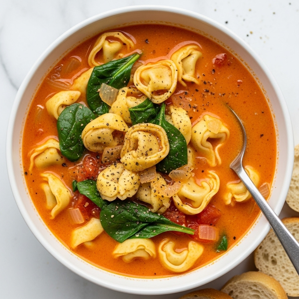 A white bowl filled with creamy orange soup with a smooth, slightly thick texture, containing small, soft tortellini pasta pieces with light yellow color all around. There are green spinach leaves scattered inside the soup, adding contrast, and finely chopped onions visible in the mix. A silver spoon rests on the right side inside the bowl, slightly submerged in the soup. The bowl sits on a white marbled surface with some bread pieces and a white cloth in the blurred background. The soup surface is sprinkled with small dark pepper specks. photo taken with an iphone --ar 4:5 --v 7