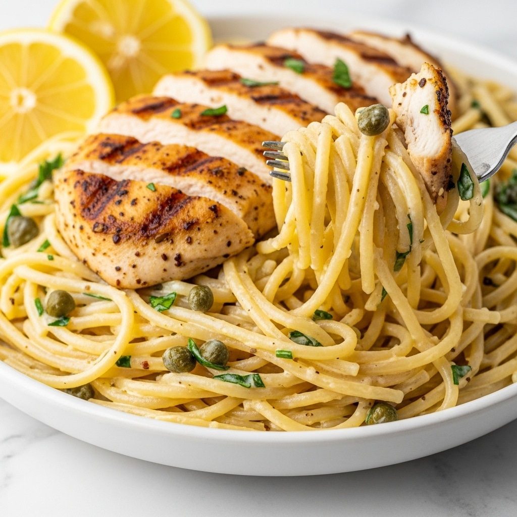 The image shows a close-up of creamy pasta with thin, light yellow noodles twisted into tangled layers. Mixed within the pasta are pieces of lightly browned grilled chicken with a slightly crispy texture. Small green capers and tiny bits of herbs are scattered throughout, adding pops of green. A few lemon slices with bright yellow peel rest on top in the background. The pasta is being lifted by a silver fork, showcasing a portion with chicken and noodles. The whole scene is set against a white marbled background. photo taken with an iphone --ar 4:5 --v 7