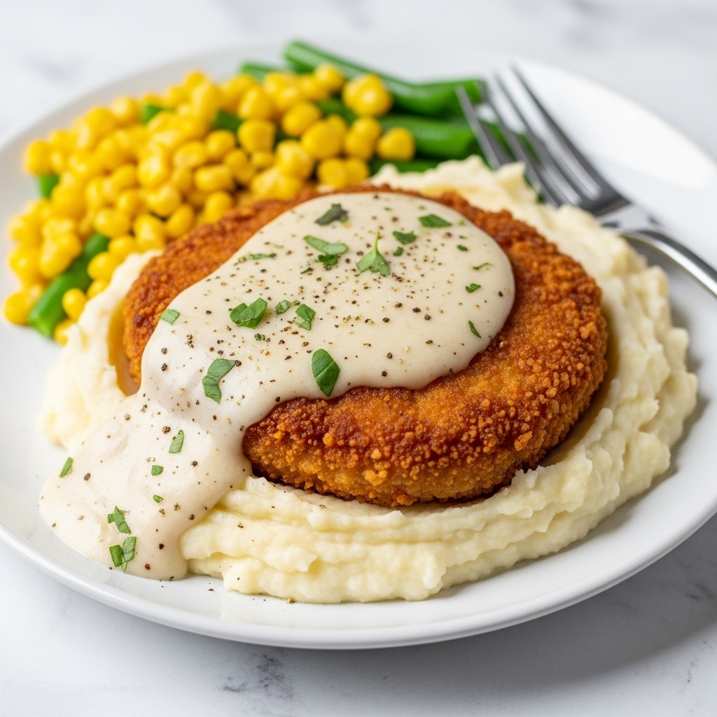 The image shows a white plate filled with a base layer of creamy mashed potatoes that are fluffy and slightly textured. On top of the mashed potatoes lies a thick, golden-brown fried chicken patty which looks crispy and crunchy. The patty is covered partially with a smooth, white creamy gravy sprinkled with small green herbs and a dash of black pepper. In the background, a side of bright yellow corn kernels and some green beans add color to the plate. A fork rests on the mashed potatoes to the right side of the plate, all placed on a white marbled surface. photo taken with an iphone --ar 4:5 --v 7