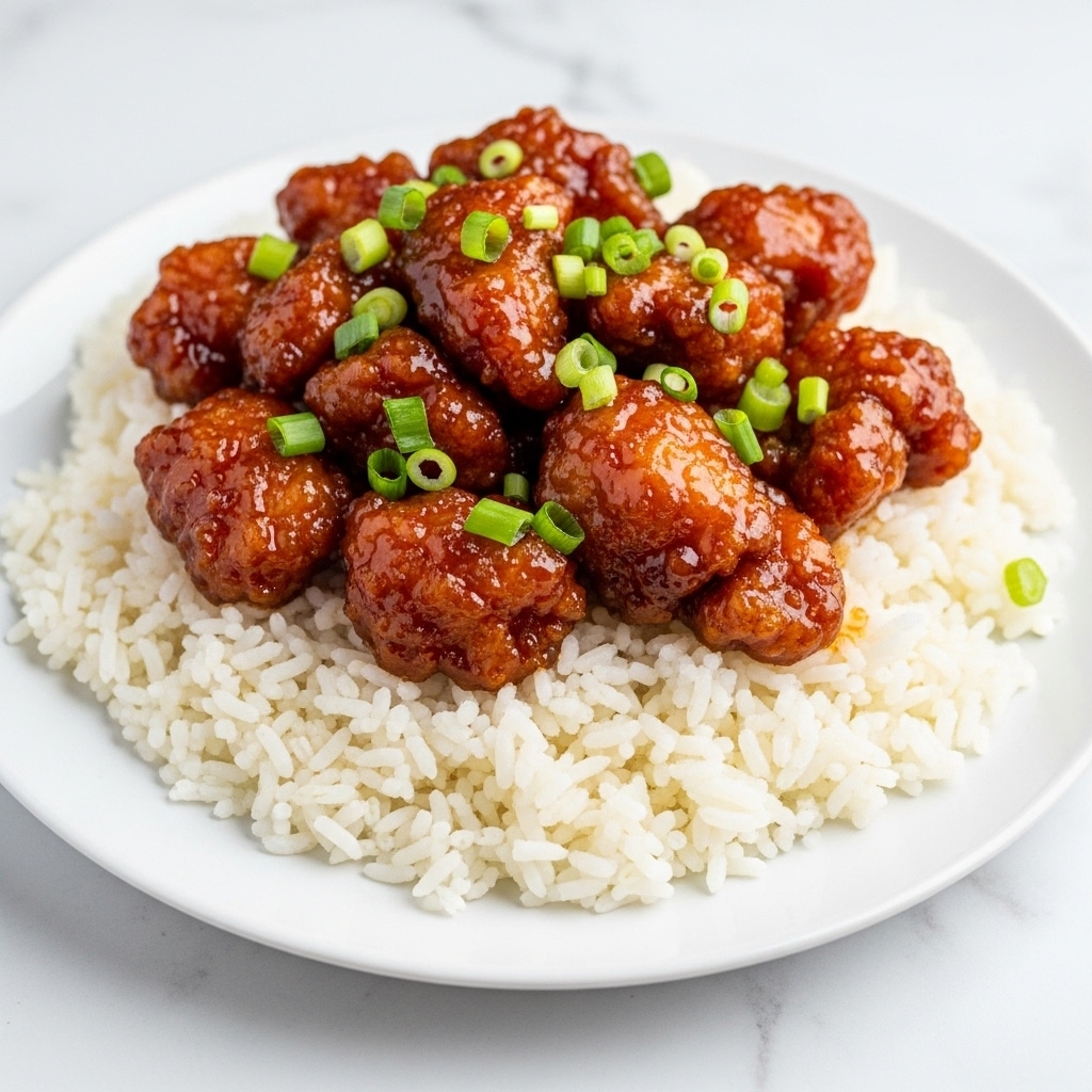A white plate filled with a base layer of fluffy white rice, with each grain visible and soft in texture. On top of the rice sits a generous layer of glazed chicken pieces, each piece coated in a shiny, rich brown sauce that looks sticky and thick. The chicken pieces are golden brown with a crispy texture under the sauce. Small chopped green onions are sprinkled evenly over the chicken, adding a pop of fresh green color and a hint of texture contrast. The plate is set against a white marbled surface, enhancing the clean and fresh look of the dish. photo taken with an iphone --ar 4:5 --v 7