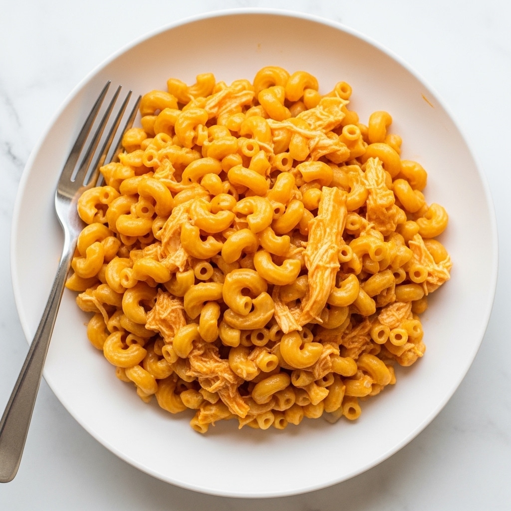 A close-up view of a white plate filled with creamy macaroni pasta coated in a rich orange cheese sauce. The macaroni is slightly curved and tightly packed, mixed with shredded pieces of chicken that are light brown with soft texture, scattered unevenly throughout the dish. A silver fork rests on the plate's edge, partially visible. The plate is placed on a white marbled surface, giving a clean and bright background. The sauce looks smooth and glossy, covering every piece of pasta and chicken evenly. photo taken with an iphone --ar 4:5 --v 7