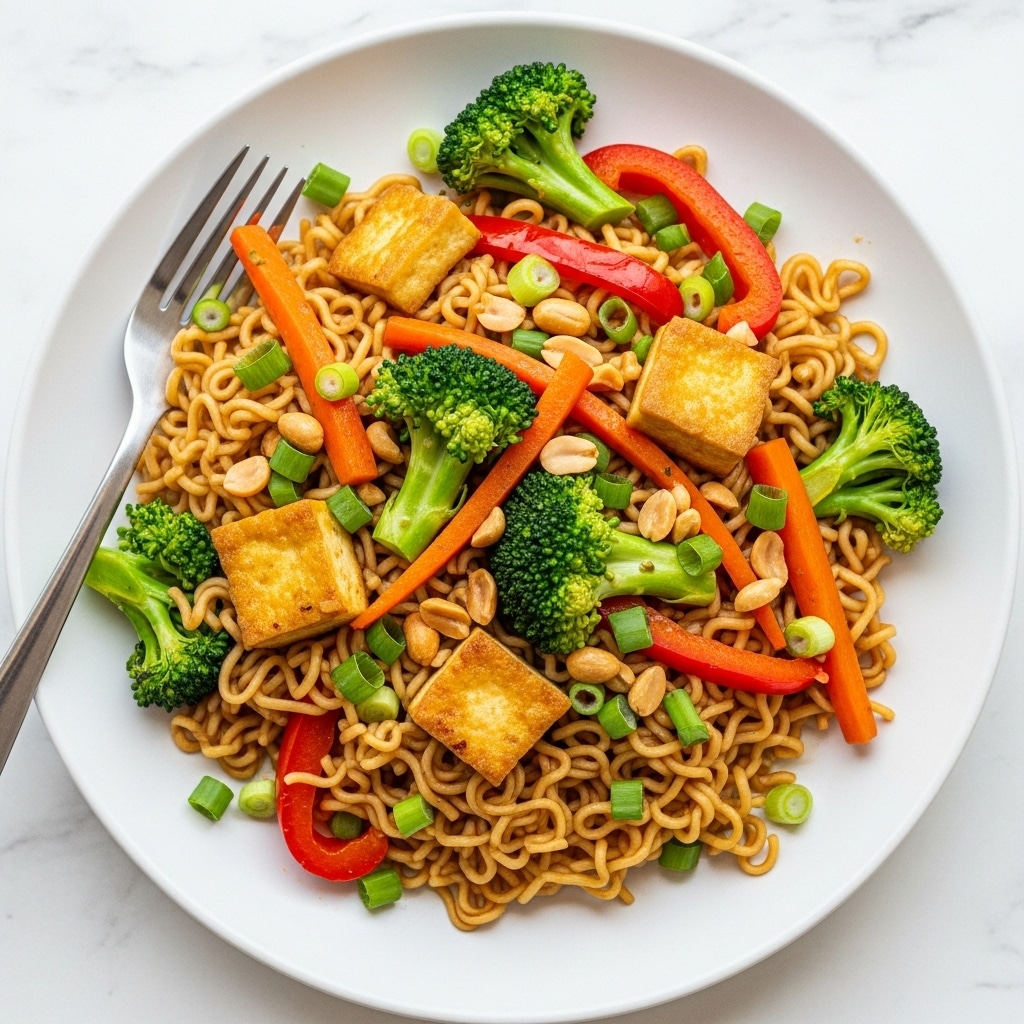 A white bowl is filled with a colorful mix of stir-fried ramen noodles, bright green broccoli pieces, thin orange carrot sticks, and green bell pepper slices. Cubes of golden brown tofu are scattered through the dish, some pieces showing a shiny sauce glaze. Small bits of chopped green onions and crushed peanuts add texture and detail on top. A silver fork rests on the side of the bowl, and the bowl is placed on a white marbled surface. photo taken with an iphone --ar 4:5 --v 7
