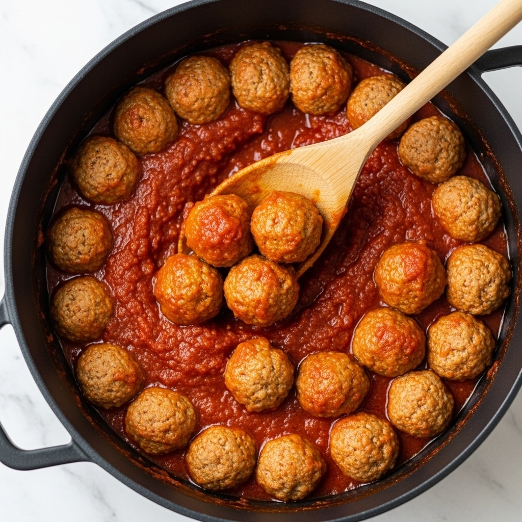A close-up image of a black pot filled with bright red tomato sauce and many small round meatballs covered in the sauce, with a wooden spoon stirring through the middle, showing the meatballs' textured surface and the thick, chunky sauce around them, all placed on a white marbled surface. photo taken with an iphone --ar 4:5 --v 7