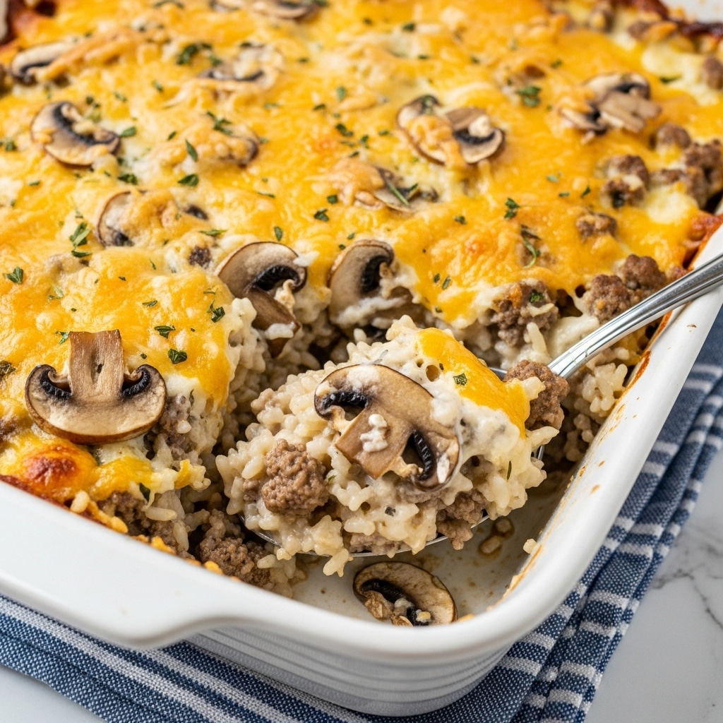 The image shows a creamy, baked casserole served in a white rectangular baking dish with rounded corners. The top layer is golden-yellow melted cheese with some herbs sprinkled throughout. Below the cheese, there is a thick mixture of ground meat, rice, and sliced brown mushrooms, all blended in a creamy sauce. The texture looks soft and hearty, with the mushrooms visible in the lower section of the scoop being lifted by a silver spoon. The dish sits on a blue and white striped cloth, and the background is a white marbled surface. Photo taken with an iphone --ar 4:5 --v 7