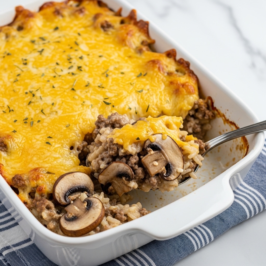 The image shows a close-up of a creamy casserole in a white baking dish with browned edges. The dish has several layers starting with a base of soft rice mixed with cooked ground meat and sliced mushrooms. This is topped with a thick creamy sauce mixed with small herb pieces, and a layer of melted, golden-brown cheese covers the top, giving a slightly crispy texture. A spoon is scooping a portion from one corner, showing the mix of rice, meat, mushrooms, and cheese inside. The dish sits on a blue and white striped cloth, all placed on a white marbled surface. Photo taken with an iphone --ar 4:5 --v 7