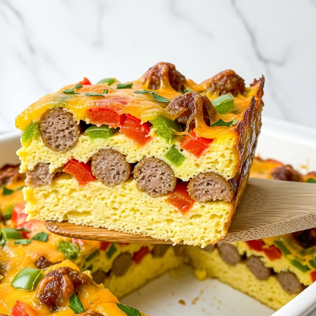 A close-up of a square slice of layered breakfast casserole being lifted by a wooden spatula. The casserole has several layers: a bottom layer of soft, pale yellow eggs, topped with a mix of ground sausage pieces, chopped red and green bell peppers, and melted golden cheese. The top layer also shows bits of browned sausage and more melted cheese sprinkled with finely chopped green herbs. The casserole sits in a white baking dish with more casserole inside, placed on a white marbled surface. photo taken with an iphone --ar 4:5 --v 7