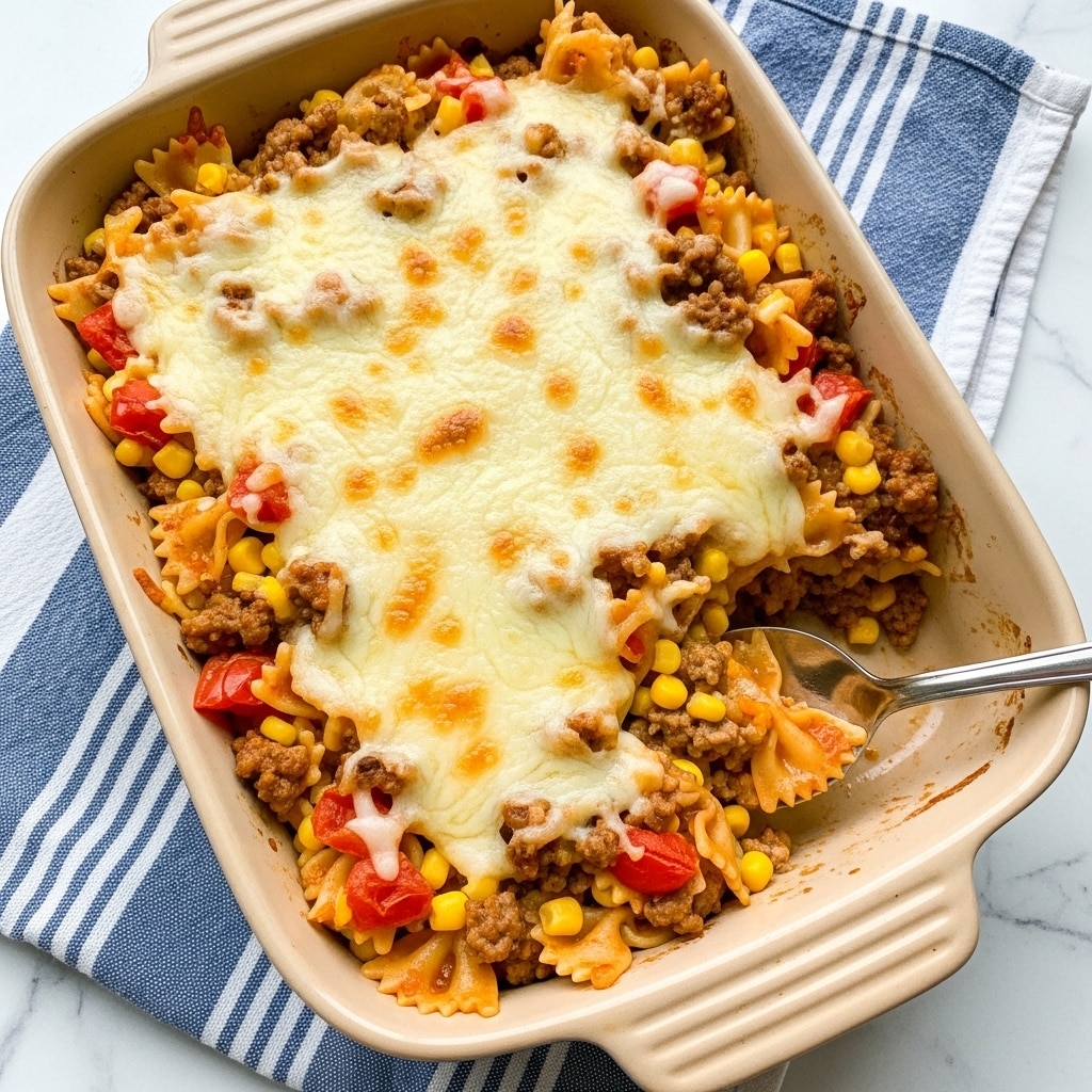 The image shows a single-layer pasta casserole in a rectangular white baking dish. The dish is filled with bowtie-shaped pasta mixed with ground meat, small pieces of tomatoes, and yellow corn kernels, all covered with a thick layer of melted orange cheddar cheese. The cheese has a slightly glossy and melted texture, spread evenly across the top. There is a silver spoon partially scooping some of the casserole from the corner. The dish sits on a white marbled surface with a blue-striped cloth nearby. Photo taken with an iphone --ar 4:5 --v 7