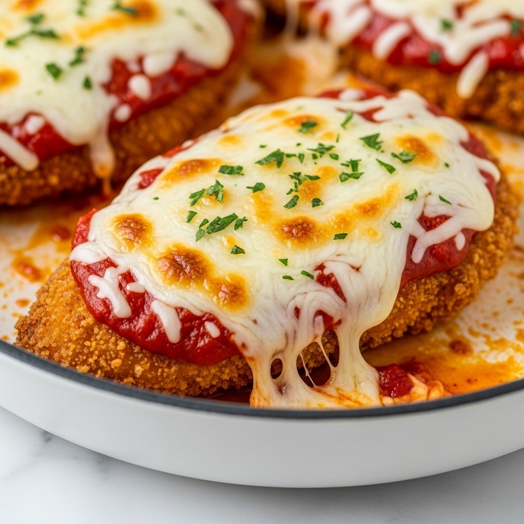 The image shows a close-up of chicken parmesan in a white pan, focused on a single piece of chicken. The dish has three main layers: the base layer is golden-brown fried chicken coated with a crispy texture, the middle layer is rich red tomato sauce spread evenly, and the top layer is melted, bubbly, golden cheese with small green herb sprinkles scattered on top. The cheese appears gooey and stretches slightly toward the pan, highlighting its melted texture. The background is a white marbled surface. photo taken with an iphone --ar 4:5 --v 7