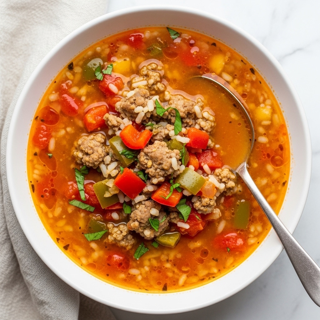 A white bowl filled with a thick, hearty soup that has multiple layers. The bottom layer is a rich orange-brown broth with small bits of white rice scattered throughout. On top, there are chunks of browned ground meat mixed with small diced red and green bell peppers. Bright red tomato pieces add color, while finely chopped green herbs are sprinkled across the surface. The soup looks warm and comforting with a slightly oily sheen, and a silver spoon rests inside the bowl on the right side. The bowl sits on a white marbled surface with a white cloth napkin nearby. Photo taken with an iphone --ar 4:5 --v 7