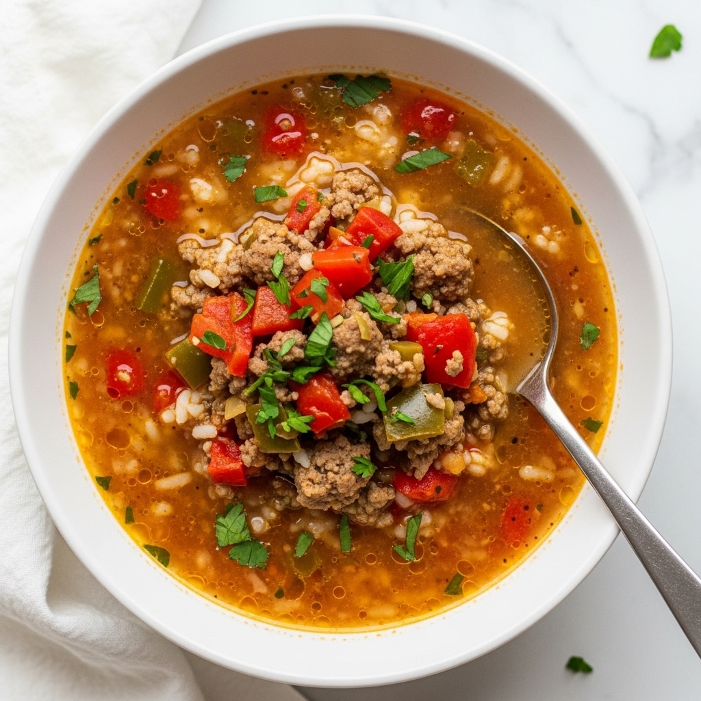 A white bowl filled with a vibrant soup that has a rich orange broth as the base layer, dotted with visible grains of rice throughout. Floating within the broth are chunks of browned ground meat, pieces of diced red and green bell peppers, and small bits of tomato, all mixed evenly. The soup has a slight oily sheen on top and is garnished with small sprigs of green herbs. A silver spoon rests inside the bowl on the right side, and the bowl is placed on a white marbled surface with a light cloth napkin nearby. Photo taken with an iphone --ar 4:5 --v 7