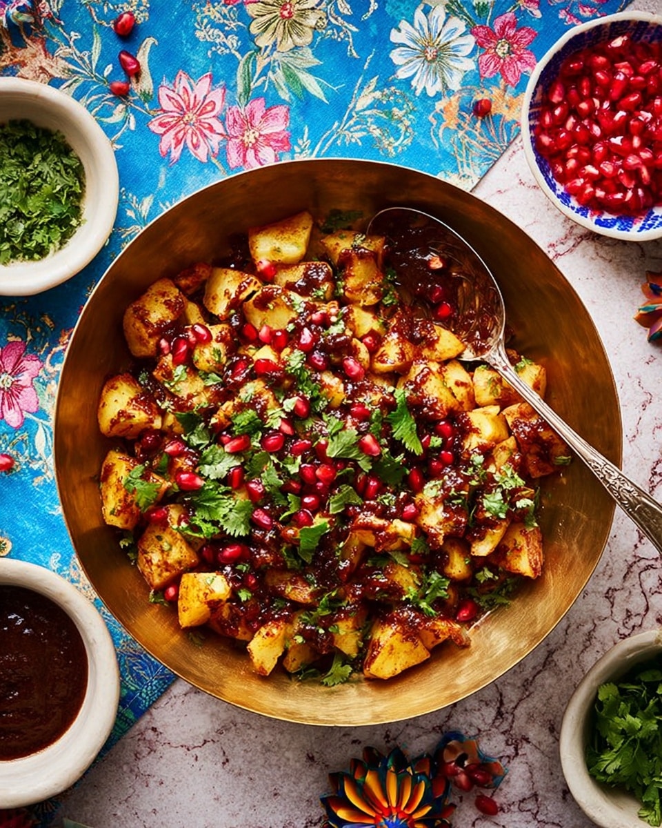 A rustic golden bowl holds a layered snack with chunks of pale yellow fried potatoes at the base, topped with scattered bright red pomegranate seeds and a drizzle of dark brown sauce. Fresh green chopped herbs are sprinkled generously on top, adding a fresh texture. A silver spoon sits inside the bowl, resting on the edge. Surrounding the bowl are small white bowls with red and green sauces, a small bowl filled with more pomegranate seeds, and some gold utensils, all placed on a white marbled textured surface. An origami pink flower and green leaves peek into the corner of the frame. Photo taken with an iphone --ar 4:5 --v 7
