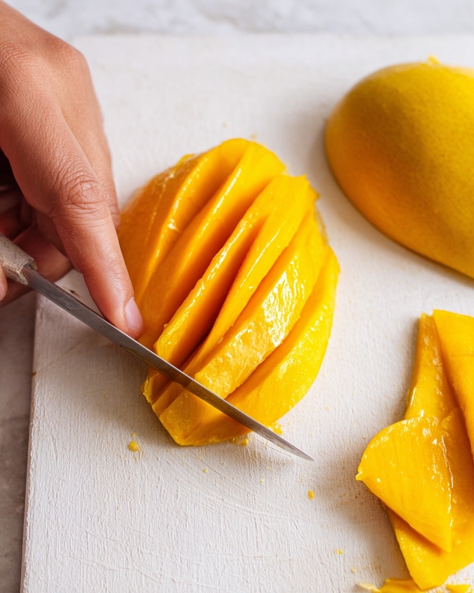 A close-up view of a bright yellow mango being sliced on a white marbled cutting board. The mango is partially cut into thick slices with shiny, smooth texture. A woman's hand holds the mango steady while the other woman's hand uses a small knife with a wooden handle to carefully cut a slice. The image shows three main layers: the whole mango half on the right, the partially sliced middle section, and a long thin slice laying flat in front. The background is softly blurred out white marbled surface. photo taken with an iphone --ar 4:5 --v 7