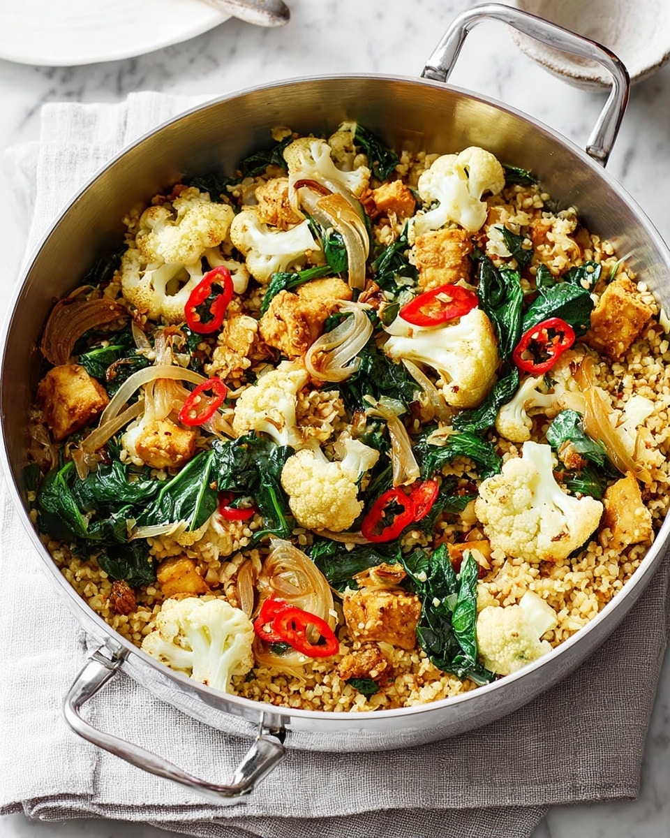 The image shows a large silver pot filled with a cooked dish. The dish has three main visible layers: the base is a layer of yellow-brown cooked rice with a slightly grainy texture. On top of the rice, there are medium-sized pieces of white cauliflower with slightly browned edges, adding a soft but firm texture. Scattered throughout are dark green wilted spinach leaves that look tender and smooth. Bright red slices of chili pepper are spread evenly for a pop of color, and there are pieces of light brown cooked onions mixed in, adding a soft texture contrast. The pot sits on a white marbled surface, and the pot is partially wrapped with a gray cloth. photo taken with an iphone --ar 4:5 --v 7