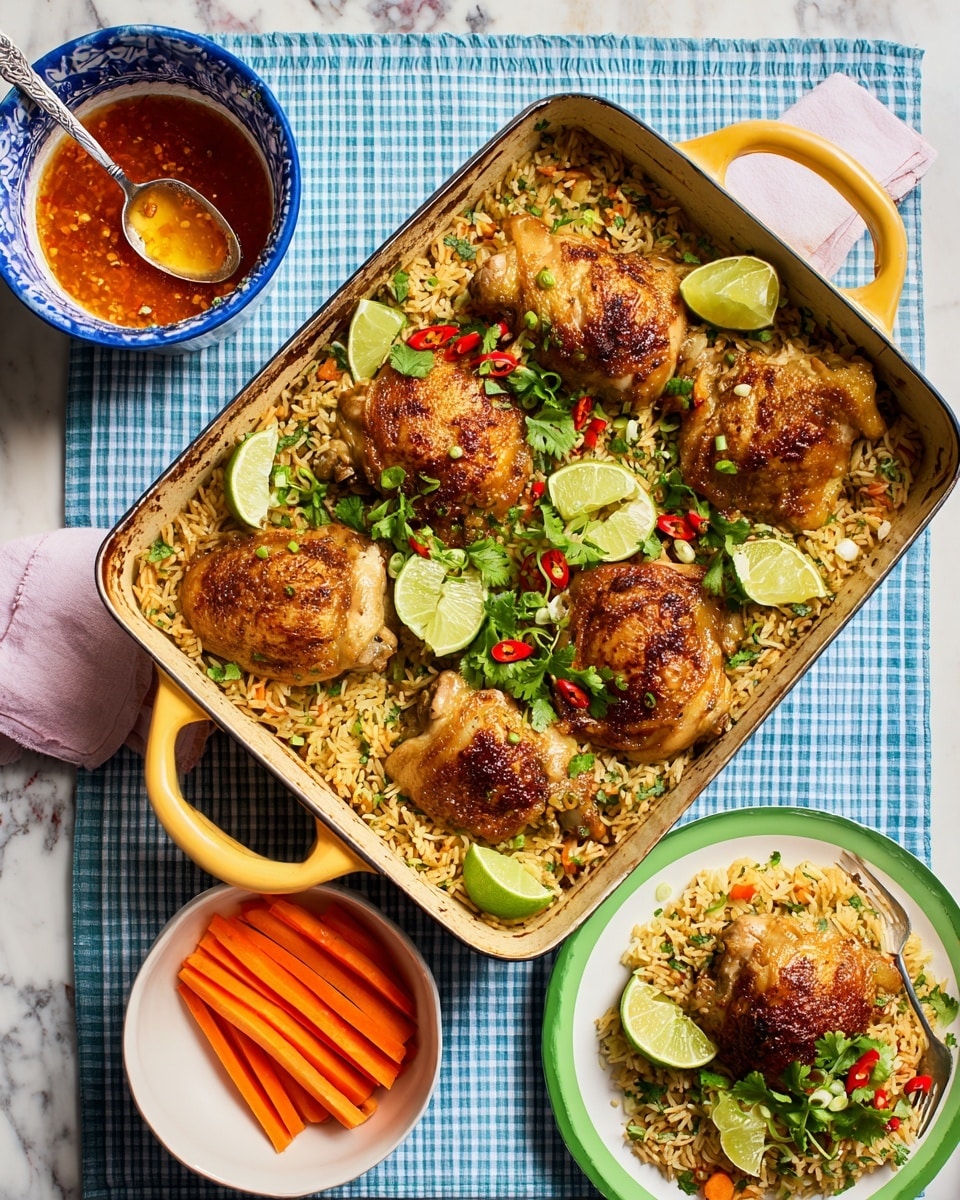 A rectangular yellow-handled white baking dish filled with a base layer of cooked rice mixed with finely chopped green onions and small pieces of red chili, topped with five browned chicken thighs arranged in a circular pattern, each piece garnished with chopped green herbs, and lime wedges placed among the chicken. To the lower right, a white plate with a green rim holds a serving of the same rice with one chicken thigh, a lime wedge, and a neat pile of thinly sliced orange carrot sticks on the side. To the left, a white bowl contains a larger pile of the same carrot sticks, and above it, a small white bowl with a blue rim holds a reddish-brown sauce with a spoon resting inside. The entire setting is on a white marbled surface with a checkered cloth beneath the dishes photo taken with an iphone --ar 4:5 --v 7
