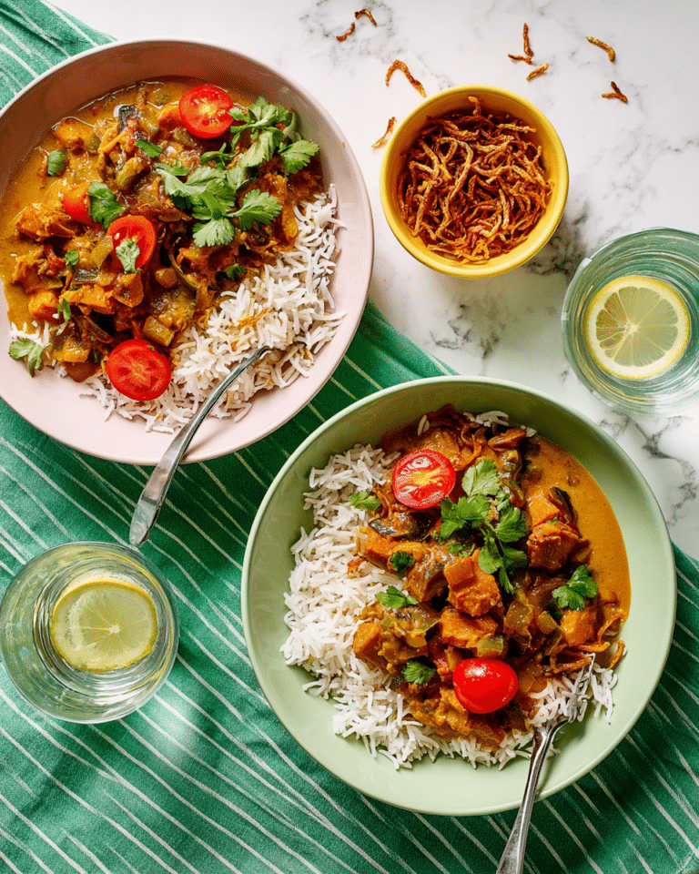 Aubergine & Tomato Satay Curry with Crispy Onions Recipe