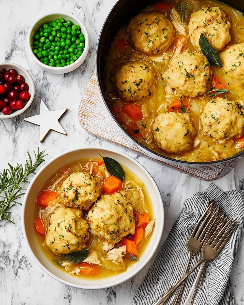 The image shows a bowl and a pot filled with a comforting chicken stew topped with golden, fluffy dumplings. The stew has a light yellow broth with visible chunks of tender chicken, bright orange carrot slices, and sprigs of fresh thyme scattered throughout. The dumplings are round and slightly textured, sitting on top of the stew’s vibrant ingredients. The bowl is white and positioned on a white marbled surface alongside a small bowl of green peas on the upper left and three forks resting on a gray and white striped cloth napkin nearby. Bright red berries and a white star-shaped ornament add a festive touch to the scene. Photo taken with an iphone --ar 4:5 --v 7