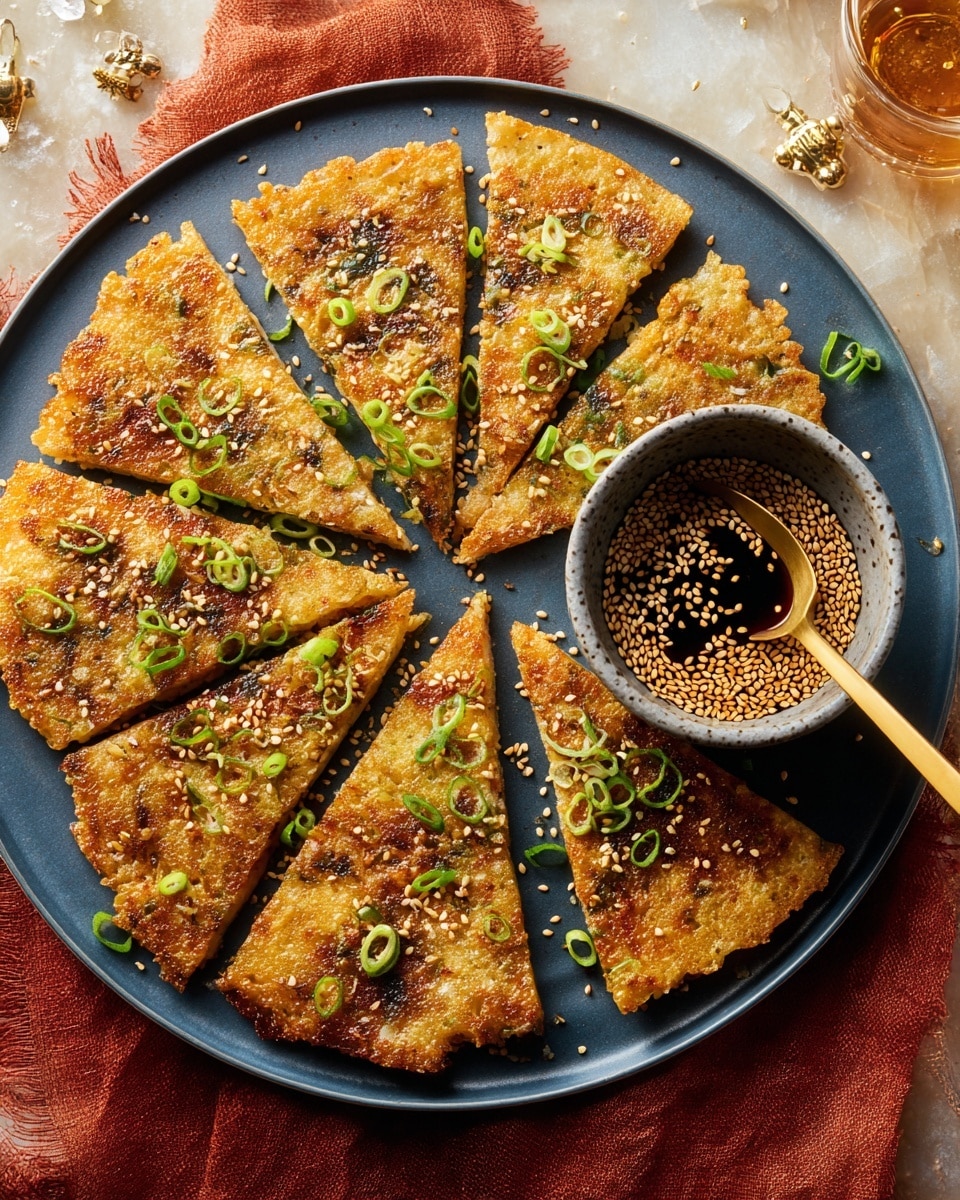 A round dark blue plate on a white marbled surface holds eight triangular golden brown pancake slices arranged in a circle, each topped with bright green chopped spring onions. In the center of the plate is a small gray bowl filled with light brown sesame seeds soaking in dark sauce, with a gold spoon resting inside. The pancake slices have a textured surface with visible bits of vegetables and crispy edges. The blue plate is next to a soft orange cloth with a golden ribbon and a star-shaped ornament nearby. Photo taken with an iphone --ar 4:5 --v 7