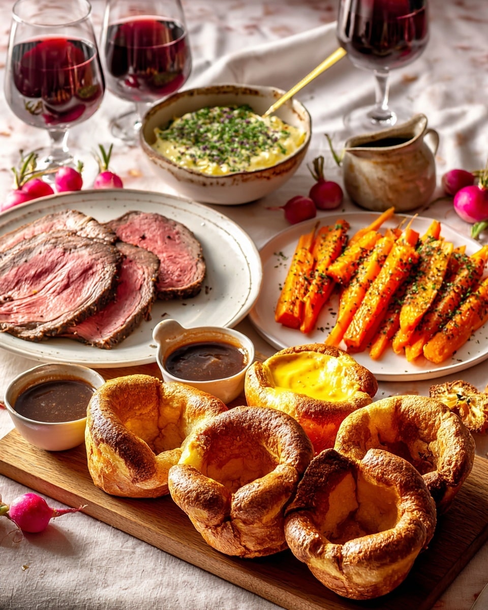 A wooden board holds a stack of golden-brown, puffed Yorkshire puddings with a crispy texture, some radishes with white and red coloring are placed beside them. Behind the board, there is a white plate holding bright orange roasted carrots garnished with sprigs of rosemary and black pepper. Next to the carrots is a small bowl of creamy white sauce topped with chopped green herbs. To the left, a white plate with a pink floral pattern contains several slices of medium-rare beef roast with a pink center and a small dish of smooth yellow mustard on the side. There are three glasses of deep red wine scattered around the table, along with a rustic ceramic jug filled with gravy. All dishes and items sit on a white marbled textured surface with a beige linen cloth underneath. Photo taken with an iphone --ar 4:5 --v 7