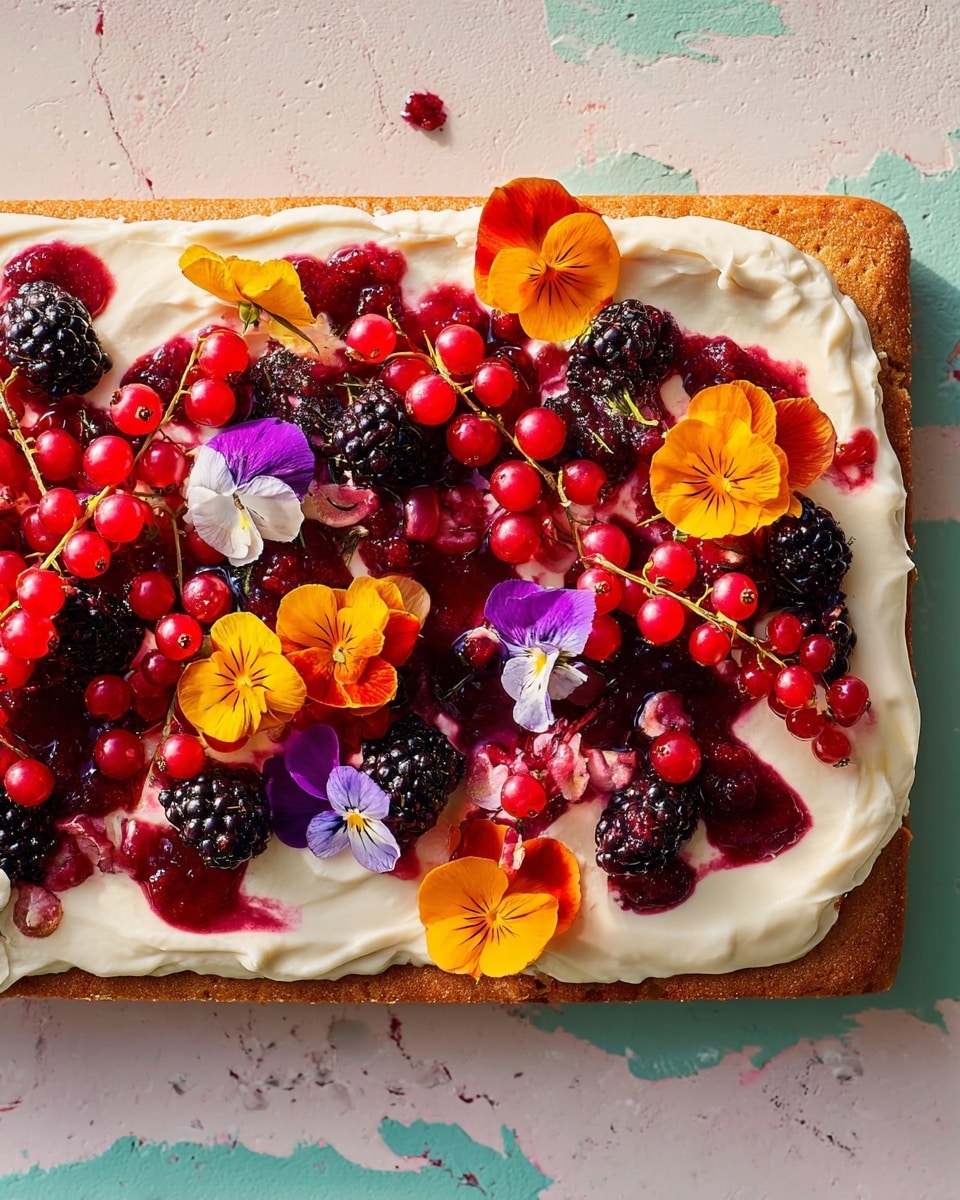 A rectangular brown cake base is topped with a thick, uneven layer of creamy white frosting spread across the entire surface. On top of the frosting, dark red and black berries like blackberries and red currants are scattered generously, some sitting in pools of deep red berry syrup that is drizzled unevenly across the white layer. Bright, colorful edible flowers in shades of orange, purple, yellow, and red are mixed among the berries, adding a fresh and vibrant touch. The cake sits on a white cutting board over a white marbled surface. photo taken with an iphone --ar 4:5 --v 7