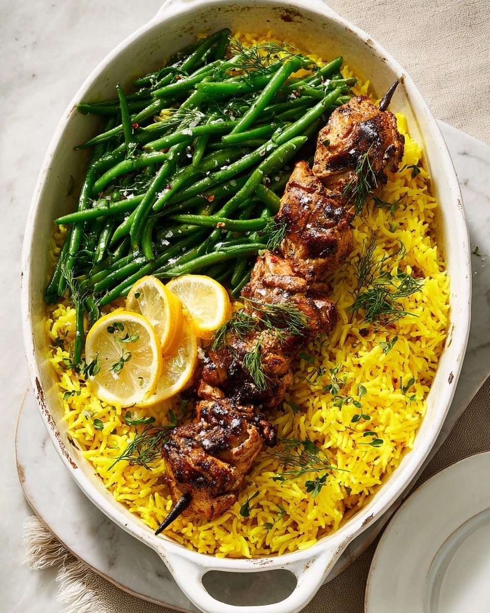 An oval white dish holds a meal with three main layers: the bottom layer is bright yellow flavored rice, soft with a slightly fluffy texture; the middle layer is crisp green beans scattered evenly across the rice; on the right side, skewered grilled chicken pieces with a dark brown, charred surface rest on top of the rice, sprinkled lightly with coarse salt and garnished with sprigs of fresh green herbs. Two lemon wedges are placed at the top and bottom edges of the chicken. The dish is set on a white marbled surface, and the lighting shows natural shadows and highlights, suggesting a sunny setting. Photo taken with an iphone --ar 4:5 --v 7