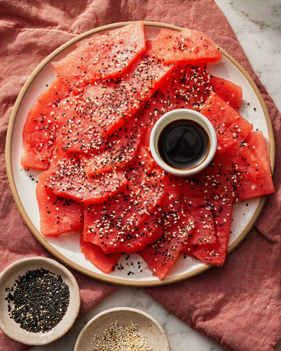 A white plate holds many thin, bright red slices of watermelon arranged in overlapping layers, each slice sprinkled with white and black sesame seeds for texture and color contrast. At the top center of the plate, a small light brown bowl contains a dark sauce that looks thick and glossy. The plate sits on a red cloth placed over a white marbled surface, and nearby there is a small white bowl filled with more black and white sesame seeds. A silver fork is positioned at the bottom left of the image. Photo taken with an iphone --ar 4:5 --v 7