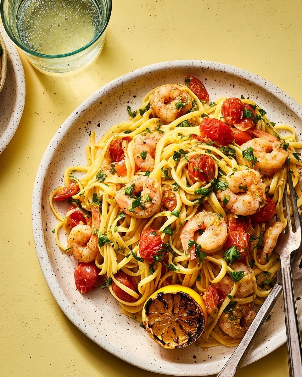 A white speckled plate filled with a shrimp pasta dish. The bottom layer is a bed of light yellow linguine noodles twisted and piled high. Scattered evenly throughout are pale pink cooked shrimp, mixed with bright red cherry tomatoes that look slightly roasted. Green parsley leaves are sprinkled on top, adding pops of color. A half of a charred lemon is placed at the edge of the plate. Two silver forks rest on the plate's edge, partially under the noodles. The plate is set on a pale yellow background with a glass of water partially visible above it. Photo taken with an iphone --ar 4:5 --v 7