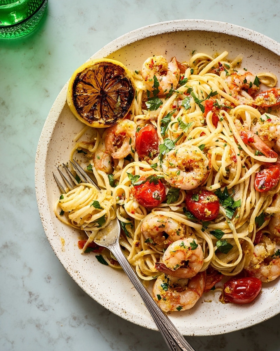 The dish is a white speckled plate filled with two layers of pasta, light golden in color with a slightly oily texture. Scattered throughout the pasta are pink shrimp that have a cooked, firm appearance. Bright red cherry tomatoes are mixed in, some slightly cooked with softened skins, adding bursts of color. Fresh green parsley leaves are sprinkled on top, providing a fresh contrast. On the left edge of the plate sits a grilled half lemon, browned and slightly charred. Two silver forks rest partially inside the pasta on the bottom left side. The plate is set on a white marbled surface, with part of a green glass visible in the top right corner. photo taken with an iphone --ar 4:5 --v 7