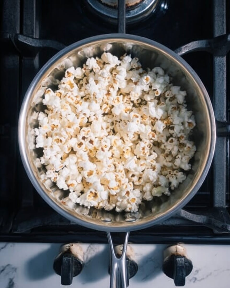 A shiny silver pot with two small handles on each side is filled with white and fluffy popcorn. The popcorn has a light yellow tint in some places, showing a soft texture. The pot is placed on a black stove top with some silver elements visible around it. The overall scene has a clean and simple look with a white marbled surface beneath. Photo taken with an iphone --ar 4:5 --v 7