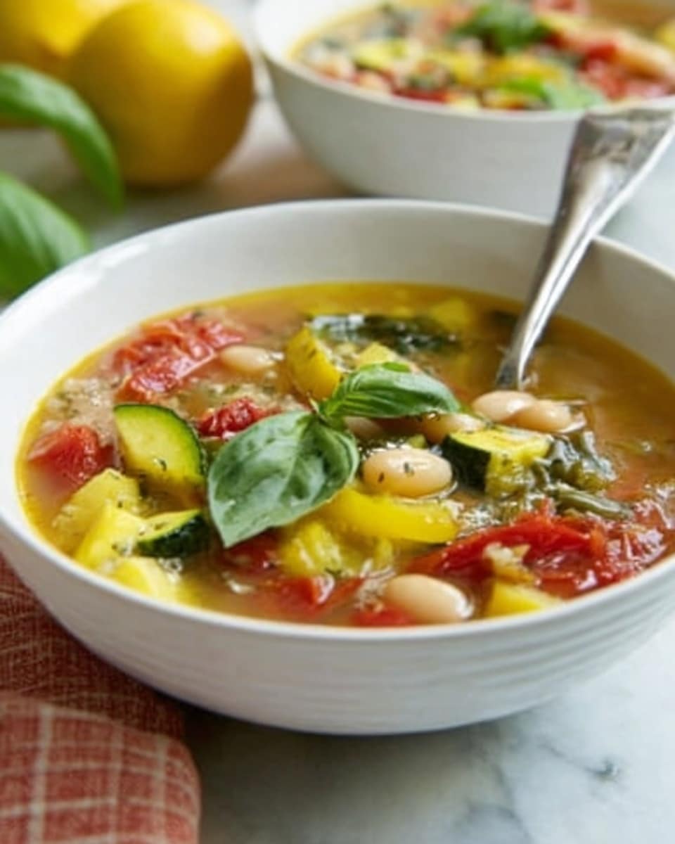 A white bowl filled with colorful vegetable soup sits on a white marbled surface with part of a patterned cloth underneath. The soup has several visible layers: the broth is light brown and clear, with chunks of bright yellow squash, red tomato pieces, white beans, and green leafy basil scattered on top. A silver spoon sticks out from the bowl, showing some of the soup dripping back inside. The background is softly blurred with another white bowl slightly visible. Photo taken with an iphone --ar 4:5 --v 7