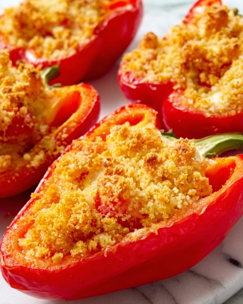 The image shows several bright red bell peppers cut in half and filled with a crumbly, golden-brown topping that looks crispy and baked. The peppers are arranged close together on a surface with a white marbled texture. The topping appears uneven with small bits of melted cheese or breadcrumbs, adding a crunchy texture on top. The inside of the pepper halves shows a soft and slightly moist filling with a contrast between the smooth pepper skin and rough crumb layer. Photo taken with an iphone --ar 4:5 --v 7