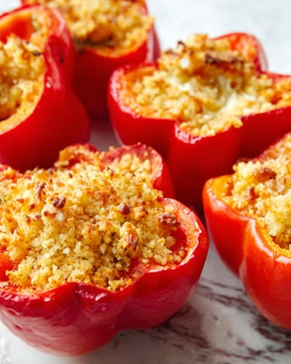 The image shows three bright red bell pepper halves filled with a golden brown crumb topping. The peppers are cut in half lengthwise, with the crumb mixture filling each hollow center, looking crispy and textured on top. The crumbs appear small and crunchy with a light mix of crumbs and small bits of filling inside. The peppers rest on a white marbled surface, and the close-up view highlights the vibrant red skin and the detailed crumb topping. Photo taken with an iphone --ar 4:5 --v 7