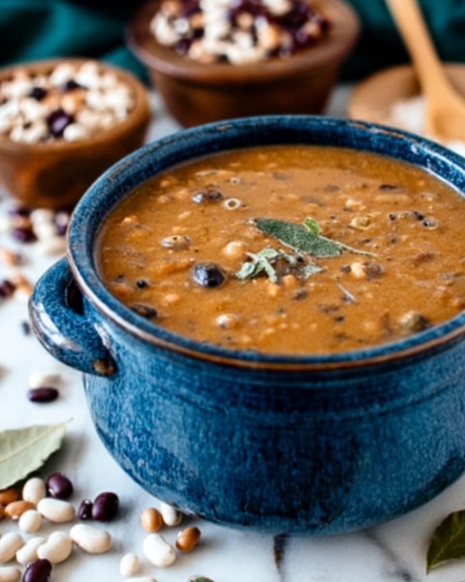 A rustic blue bowl filled with thick stew that has a warm brown color, mixed with black-eyed peas and small bits of greens floating on top. The bowl is placed on a white marbled surface scattered with dry black-eyed peas around it. In the background, there is a wooden spoon and a stack of white bowls, with part of a white kitchen appliance visible behind the bowl. The overall scene is cozy and inviting, showing a hearty dish ready to be served. Photo taken with an iphone --ar 4:5 --v 7