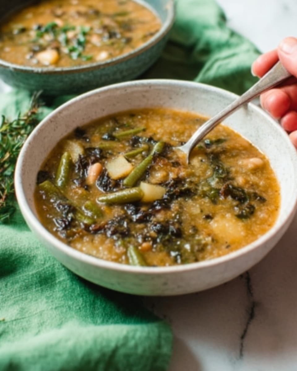 A white bowl filled with a thick soup featuring many layers and textures: the base is a warm orange-brown broth, mixed with chunks of white potatoes and green beans, and topped with dark brown mushrooms scattered throughout. A spoon is resting inside the bowl, partially submerged in the soup. The bowl sits on a wooden surface with a green cloth napkin beside it, and in the background, there is another white bowl containing the same soup. The surface is a white marbled texture. Photo taken with an iphone --ar 4:5 --v 7