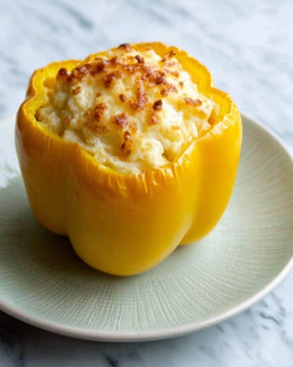 A yellow bell pepper is hollowed out and filled with a baked cheesy mixture that is golden brown on top with some browned spots and a slightly crispy texture. The pepper sits centered on a white plate with a smooth rim, and the background is a white marbled texture. The dish looks warm and inviting with a soft and creamy filling inside the pepper. Photo taken with an iphone --ar 4:5 --v 7