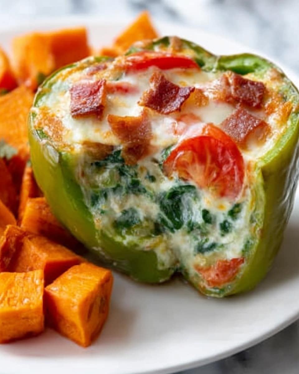 The image shows a halved green bell pepper stuffed with layers of melted white cheese, bright red tomato chunks, and green spinach pieces, all cooked together so they blend smoothly. The top layer has some small bits of bacon or ham, adding texture and a bit of reddish-brown color. The stuffed pepper sits on a white plate, and next to it are small orange sweet potato cubes. A white marbled surface is visible in the background. Photo taken with an iphone --ar 4:5 --v 7
