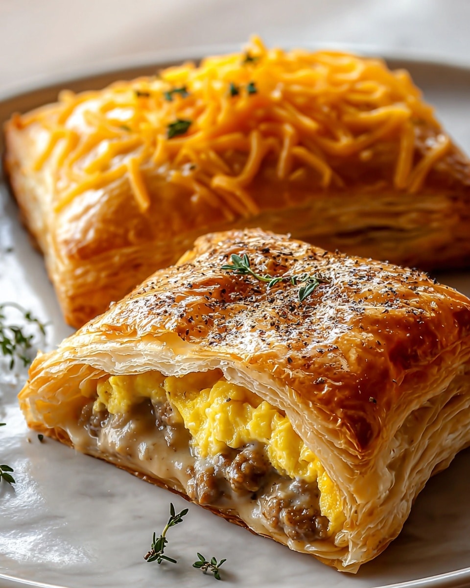 The image shows two golden brown puff pastries on a white plate placed on a white marbled surface. The front pastry is open-faced, revealing three layers: a bottom layer of creamy sausage and gravy with a light grayish texture, a middle layer of fluffy, bright yellow scrambled eggs, and the top layer is the crisp, flaky, shiny golden-brown puff pastry sprinkled with black pepper and small green herb leaves. The second pastry, in the background, is fully closed and topped with thin strands of melted cheddar cheese, showing the same flaky golden texture underneath. photo taken with an iphone --ar 4:5 --v 7