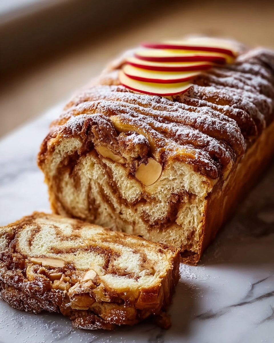 A loaf of cinnamon apple bread is shown sliced on a wooden board with white parchment paper underneath. The bread has about three visible layers: the outer brown crust with a sugary, slightly crispy texture, the inner swirl of light tan dough mixed with cinnamon and small apple chunks, and a soft, fluffy beige bread on the inside. The top of the loaf is decorated with thin slices of red and yellow apple, and a light dusting of powdered sugar covers the bread’s surface. The background is a softly blurred white marbled texture. Photo taken with an iphone --ar 4:5 --v 7