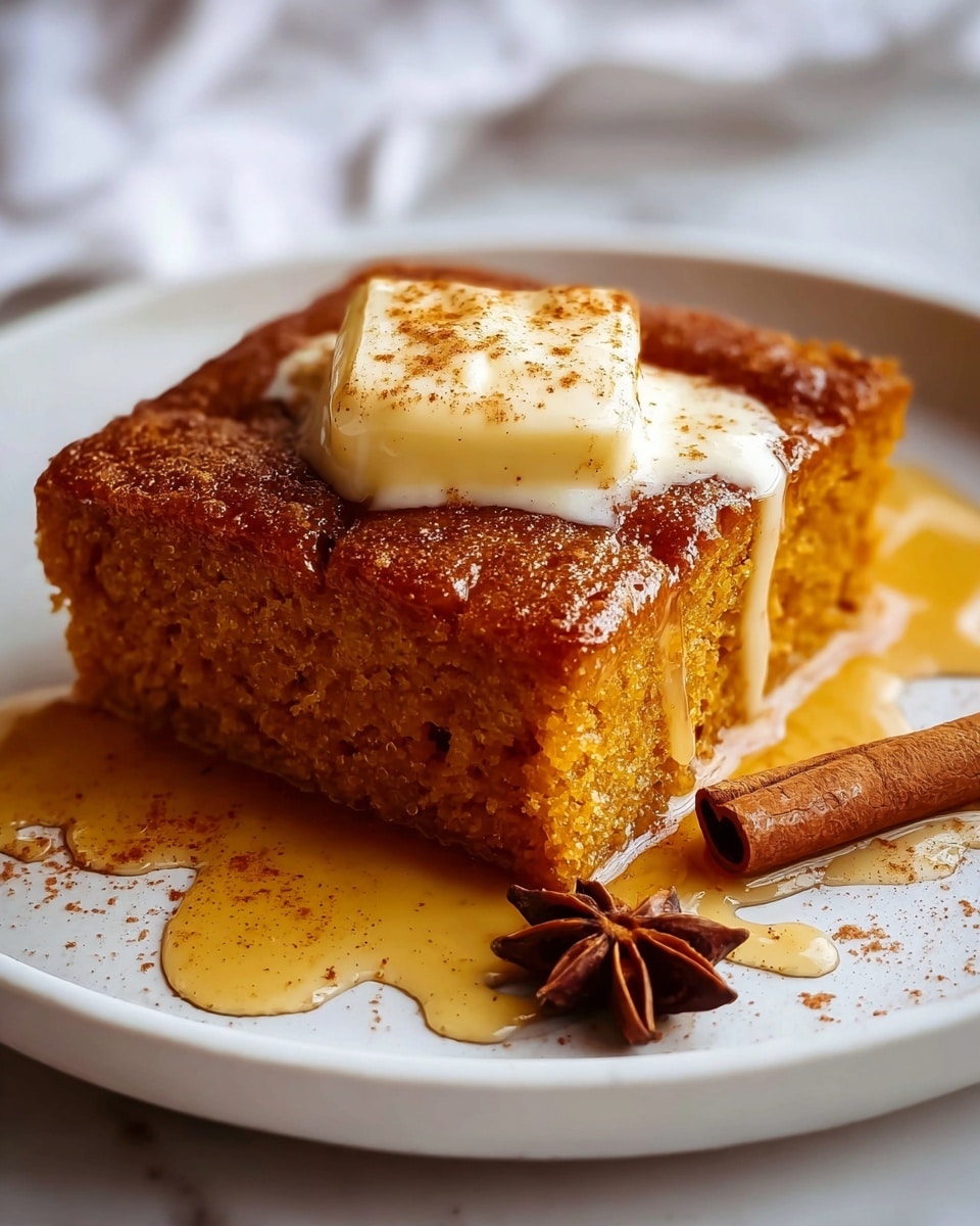 A single square slice of golden brown pumpkin cake sits on a white plate. The cake has a moist, crumbly texture with a smooth top layer. On top, there is a melting square pat of butter slightly dripping down the sides. The cake is drizzled with amber-colored syrup, some pooling on the plate. A sprinkle of cinnamon powder dusts the butter and plate. Next to the cake on the plate, there is a cinnamon stick and a star anise for decoration. The plate rests on a white marbled surface with soft, blurred white fabric in the background. Photo taken with an iphone --ar 4:5 --v 7