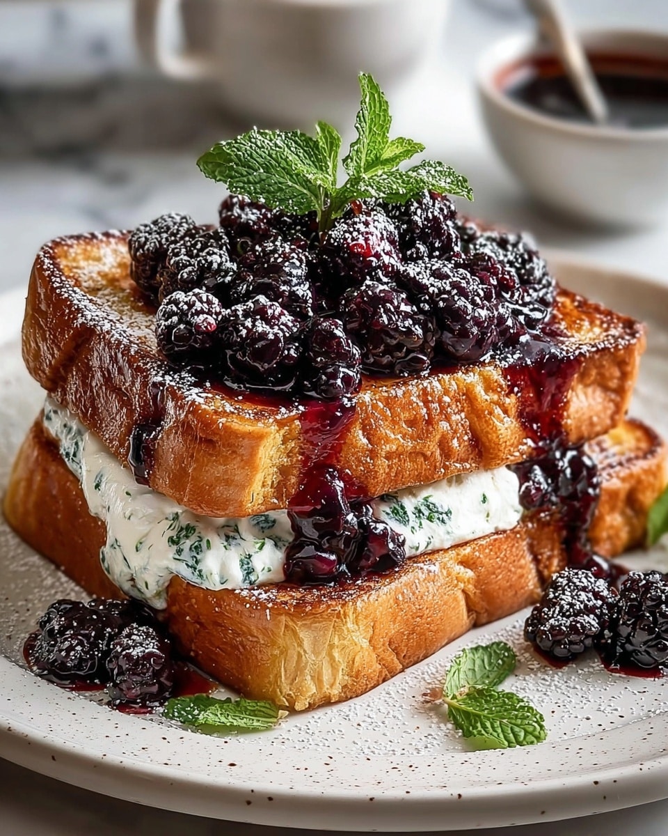 Two thick slices of golden French toast stacked on a white plate, with the top slice slightly angled. Between the slices, there is a layer of white creamy filling with small green mint leaves mixed in. On top of the toast, there is a generous heap of shiny dark purple blackberries covered in syrup that drips down the side, dusted lightly with powdered sugar. Fresh green mint leaves are placed on top and around the toast, adding a bright green contrast. Extra blackberries are scattered around the plate on a white marbled surface. Photo taken with an iphone --ar 4:5 --v 7